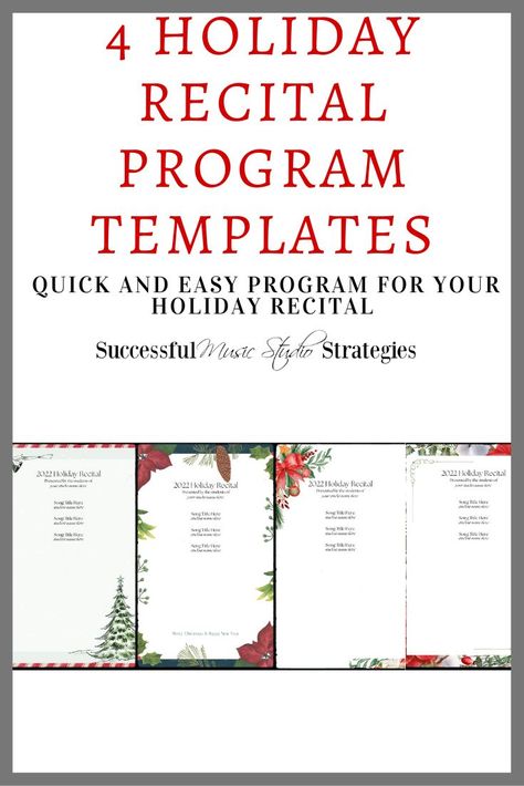 Need a quick and easy Holiday Themed Recital Program? I created 4 Canva.com Templates to help you out! Piano Recital Program Template Free, Piano Recital Program Template, Christmas Piano Recital Ideas, Christmas Program Template, Spring Music, Student Skills, Teaching Business, Christmas Piano, Piano Recital