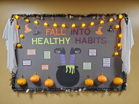 Halloween Bulletin Board Ideas For High School, Halloween Counseling Bulletin Board, Nurse Office Halloween Decorations, Halloween Health Bulletin Boards, School Nurse Fall Bulletin Boards, College Board Ideas, Bulletin Board Ideas For Adults, Bullion Board Ideas, Fall Bulletin Boards High School