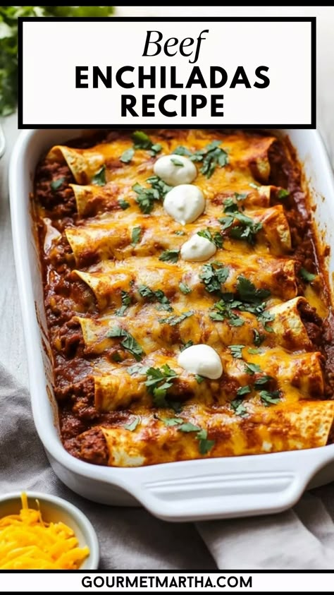 These juicy and flavorful beef enchiladas are the ultimate comfort food! Loaded with seasoned ground beef, smothered in rich, tangy sauce, and baked to perfection, this easy enchilada recipe will become a family favorite. Perfect for any weeknight dinner or gathering! #BeefEnchiladas #MexicanFood #ComfortFood #EasyDinner #GroundBeef #Enchiladas #CheesyGoodness #TexMex #FamilyDinners #DinnerIdeas Loaded Beef Enchiladas, Beef Enchilada Skillet Recipe, Beef And Cheese Enchiladas, Best Beef Enchilada Recipe, Easy Cheese Enchiladas, Beef Enchiladas Recipe, Easy Enchilada Recipe, Easy Beef Enchiladas, Enchiladas Healthy