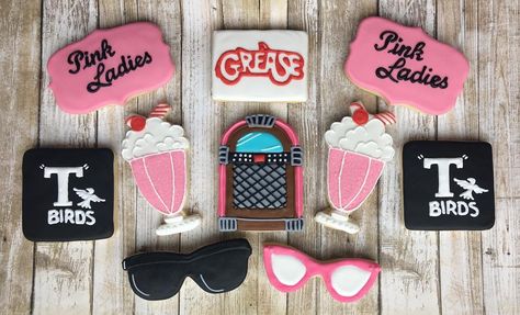 Grease Cookies Decorated, Grease Movie Party Ideas, Grease Cookies, 50th Birthday Cake For Women, Grease Theme, Grease Is The Word, Grease Movie, Sugar Cookie Cakes, Movie Themed Party