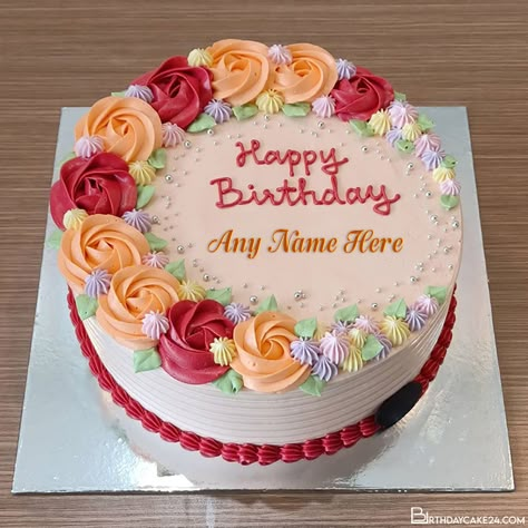 Write Name On Colorful Flower Happy Birthday Cake Images 1 Kg Cake Designs, Cakes For Women Birthday, Cake Ideas For Women Birthday, Happy Birthday Cakes For Women, Cake For Mother, Mother Cake, Happy Birthday Cake Writing, Flowers Birthday Cake, Cake For Mom