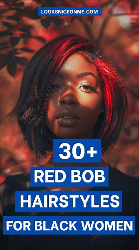 Elevate your look with red bob hairstyles for Black women! Whether classic or edgy, these styles bring vibrancy and versatility to your hair game Red Bob Wigs For Black Women, Ombre Bob Black Women, Asymmetrical Bob For Black Women, Short Red Hair Black Women, Sew In Hair Styles, Red Pixie Haircut Black Women, Bob With Bangs For Black Women, Red Bob Black Women, Red Bob Hairstyles