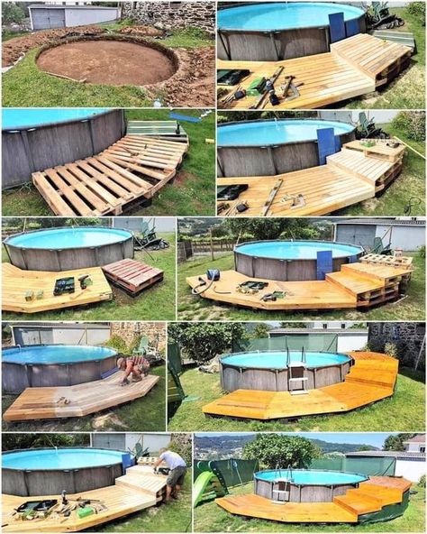 Above Ground Pool Seating, Pool Deck Decorations, Pool Seating, Pool Ideas On A Budget, Pool Deck Plans, Cheap Pool, Pool Deck Ideas, Outdoor Pool Area, Deck Decor