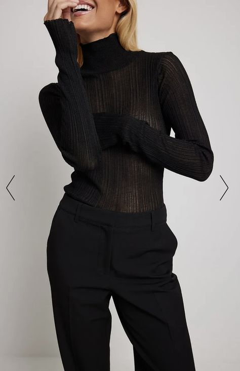 na-kd turtleneck sheer sweater Affordable Winter Outfits, Black Turtleneck Outfit, Turtleneck Sweater Outfit, Sheer Turtleneck, H&m Trousers, Turtleneck Outfit, Sheer Sweater, Winter Capsule Wardrobe, Checked Trousers