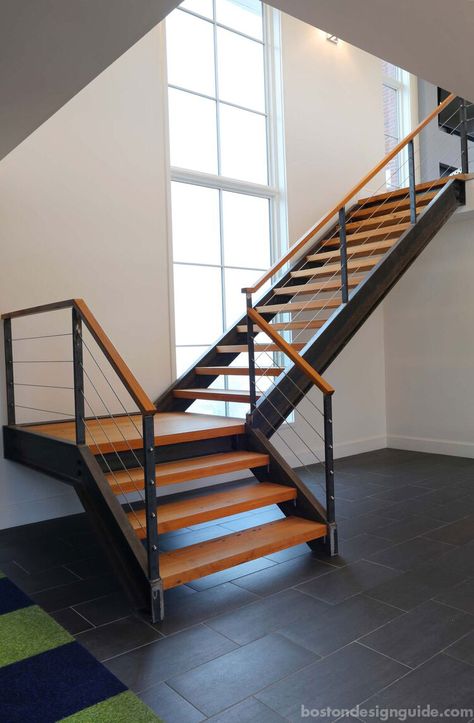 L Shaped Stairs, Steel Stairs Design, Industrial Staircase, Staircase Light, Gray Tiles, درج السلم, Staircase Design Modern, Staircase Railing Design, Contemporary Staircase