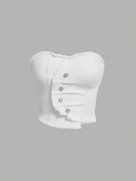 That white button-embellished bodice top from SHEIN MOD with the asymmetrical hem and denim strapless design is so chic! It's the perfect combination of edgy and feminine. I can totally picture you rocking that look! 👗😍 Y2k Street Style, Neat Casual Outfits, Girls Dress Outfits, Fashion Top Outfits, Bodice Top, Stage Outfits, Lookbook Outfits, Teen Fashion Outfits, Asymmetrical Hem