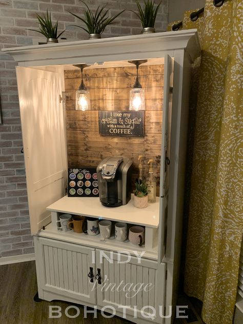 Armoire Coffee Bar, Bar Coffee Station, Coffee Cabinet, Koti Diy, Beverage Station, Bar In Casa, Wood Armoire, Home Coffee Stations, Home Coffee Bar