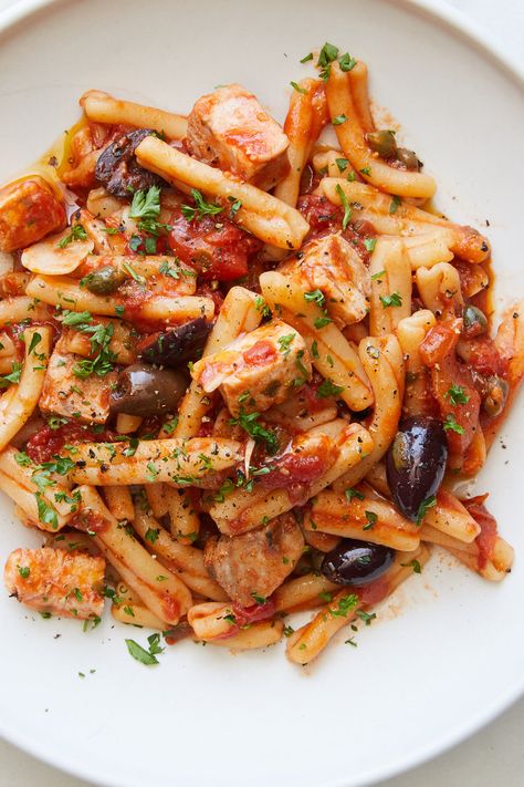 Neapolitan Pasta With Swordfish Recipe - NYT Cooking Tagine Recipes Chicken, Chicken Fennel Pasta, Chicken Tagine With Olives And Lemon, Neapolitan Pasta, Chicken Tagine With Couscous, Moroccan Lemon Olive Chicken, Tamarind Fish, Tagine Cooking, Swordfish Recipes