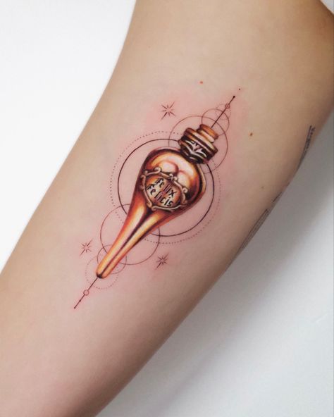 Spectrespecs Tattoo, Harry Potter Felix Felicis Tattoo, Carousel Of Progress Tattoo, Liquid Luck Tattoo, Harry Potter Felix Felicis, Tattoo Ideas Color, Felix Felicis Tattoo, Scepter Tattoo, Hufflepuff Tattoo