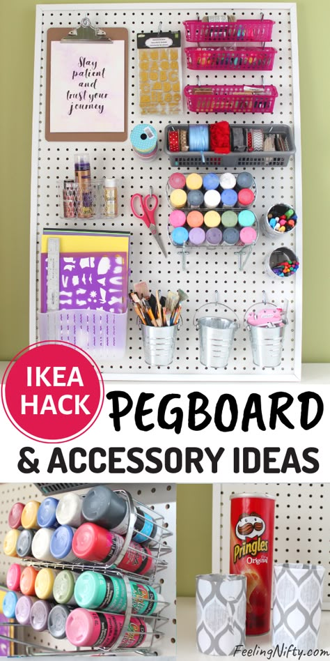 DIY Pegboard for Craft Room with Dollar store accessories - IKEA HACK. Get some cheap, simple  & creative Pegboard organizing ideas using Dollarstore pegboard organizers, wire baskets and accessories. Also learn where to buy pegboard hooks from.  This peg board can be used for classroom (kids supplies), paint storage, in the garage, for tools, in the kitchen, art studio, in the closet for jewellery displays, etc. Follow along with the tutorials to find out how to make this framed pegboard. Pegboard Ikea, Pegboard Craft Room, Diy Pegboard, Peg Boards, Ikea Frame, Pegboard Organization, Craft Storage Organization, Pegboard Accessories, Dream Craft Room