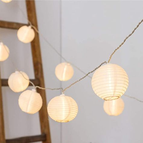 Camping String Lights, Lantern With Fairy Lights, Party Bedroom, Paper Lantern Lights, Patio Wedding, Outdoor Lantern Lighting, Mini Lanterns, White String Lights, White Lanterns