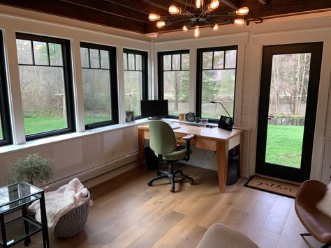 4 Season Room With Deck, Screened In Porch Turned Office, 4 Season Room Office, Sunroom Black Windows, Patio To Sunroom Conversion, Sunroom With Windows, Sunroom Conversion, Porch To Sunroom Conversion, Porch To Sunroom