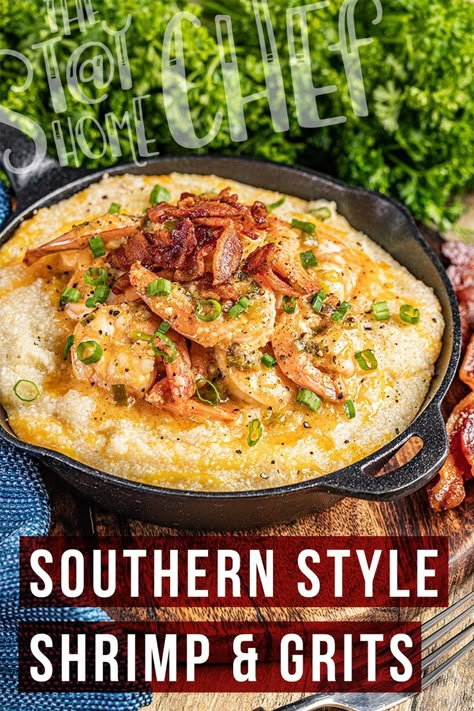 This image contains: A skillet of southern style shrimp and grits with fresh ingredients on the side Best Shrimp And Grits Recipe, Creamy Cheesy Grits, Easy Shrimp And Grits, Southern Shrimp And Grits, Shrimp N Grits Recipe, Cheesy Grits, Grits Recipe, Southern Recipes Soul Food, Shrimp And Grits