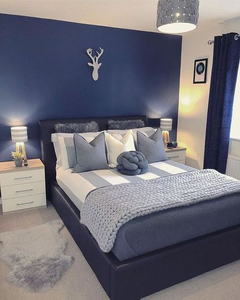 Living a dream - House Tour - Wattpad Navy Bedrooms, Blue Bedroom Walls, Blue Bedroom Design, Blue Bedroom Decor, Bedroom Wall Colors, Grey Bedroom, Bedroom Color Schemes, Bohemian Bedroom, Blue Bedroom