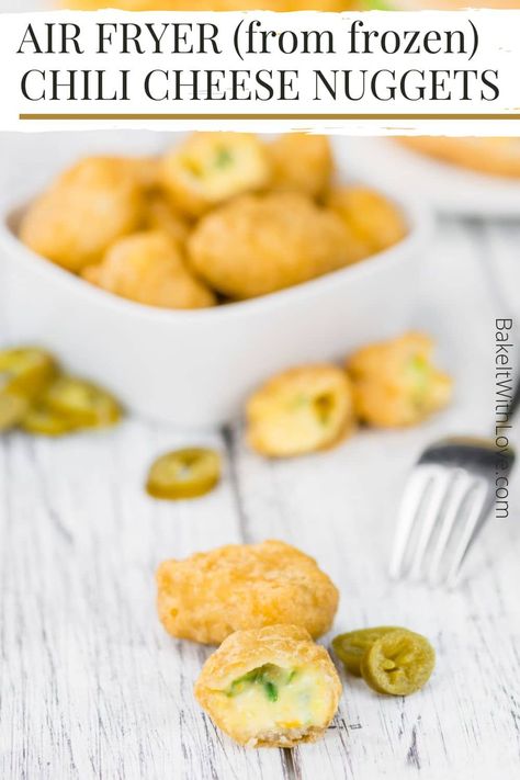 These air fryer chili cheese nuggets are the perfect crispy, cheesy, and spicy appetizer for any game day, party, or family gathering! This recipe features frozen chili cheese nuggets that are brushed with olive oil, then air fried to golden perfection. Serve them with your favorite dipping sauces for a sharable snack that will be loved by everyone! BakeItWithLove.com Cheese Bites Air Fryer, Chilli Cheese Bites, Air Fryer Chili, Cheese Nuggets, Cheese Bites Recipe, Cold Kitchen, Mac And Cheese Bites, Spicy Appetizers, Recipe Air Fryer