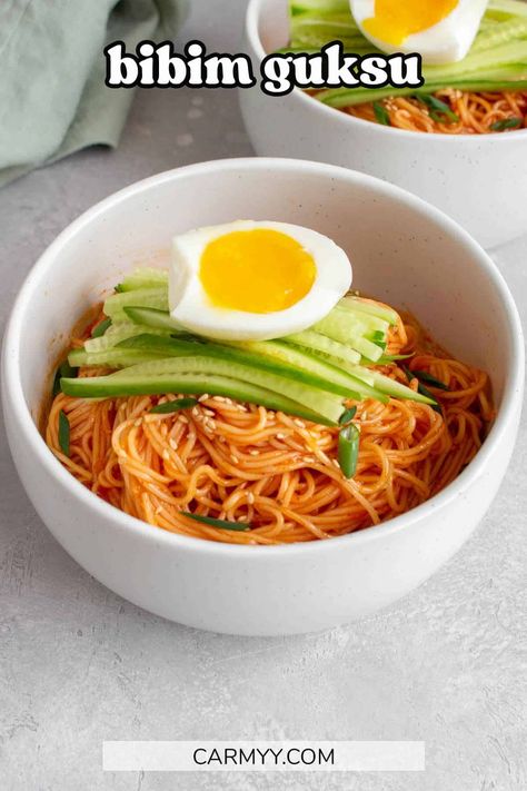 Somyeon Noodles, Guksu Recipe, Bibim Guksu, Nan Recipe, Korean Cold Noodles, Kimchi Rice, Cold Sesame Noodles, Perfect Hard Boiled Eggs, Wheat Noodles