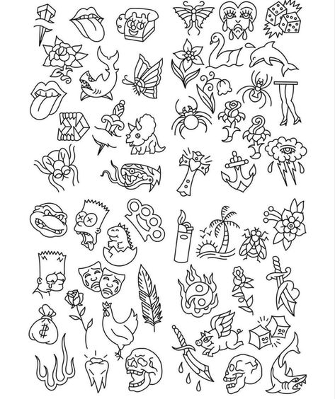 Flash Tattoo Designs Simple Men, Practice Flash Sheets, Simple Tattoo Ideas For Beginners, Easy Tattoos Stencils, Flash Sheet Tattoo Simple, Beginner Tattoo Stencils Outline Easy, Easy Tattoo Stencil Outline, Simple Flash Sheet, Easy Beginner Tattoos