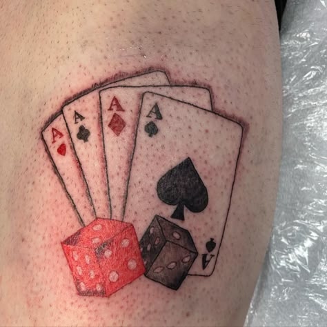 Card And Dice Tattoo, Red Dice Tattoo, 4 Aces Tattoo, Dice Tattoo Ideas, Deck Of Cards Tattoo, Dice Tattoos, Playing Card Tattoo, Dice Drawing, Playing Card Tattoos