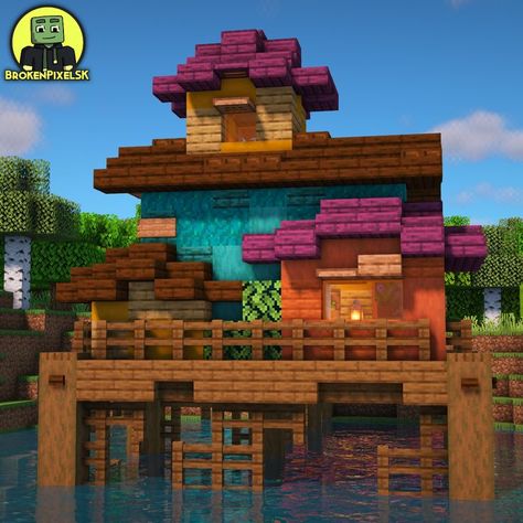 Minecraft Dock Aesthetic, Cute Dock Minecraft, Minecraft Docks Ideas, Minecraft Dock Design Aesthetic, Minecraft Dock Cottagecore, Colourful Minecraft House, Minecraft Colorful Houses, Minecraft Colourful Builds, Hippie Minecraft House