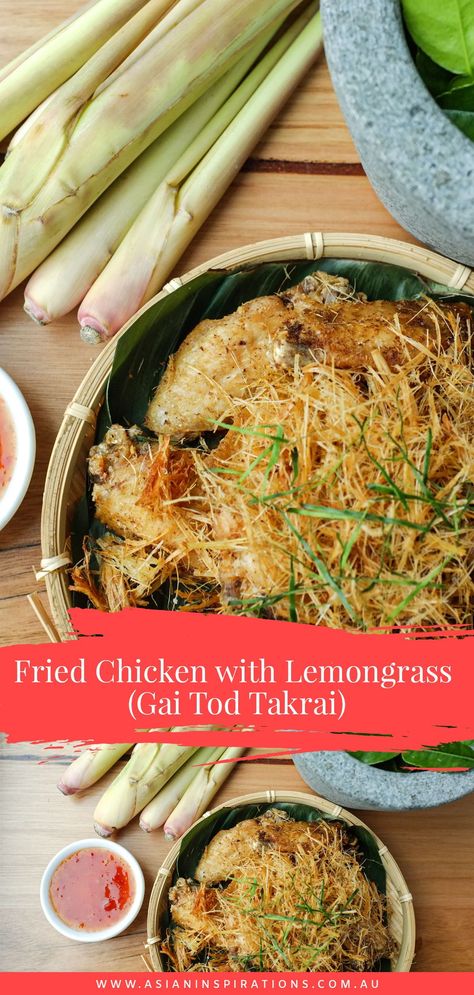 Lemongrass is often used for flavouring dishes but for this Thai recipe, the takrai (lemongrass) is pounded until it becomes fine and stringy, and is fried crisp to be eaten along with the fried chicken. This recipe boils the chicken before deep-frying to keep the meat juicy and tender. #friedchicken #friedchickenwithlemongrass #gaitodtakrai #lemongrass #thaifood #thaifoodrecipe #thairecipes Lemongrass Stir Fry, Lemongrass Recipes, Asian Chicken Recipes, Beer Chicken, Thai Recipe, Vietnam Food, Ice Cold Beer, Thai Cooking, Asian Inspiration