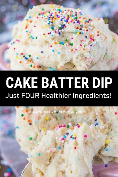 This simple cake batter dip is perfect for parties and gatherings. Lightened-up with greek yogurt and cool whip, it’s light, fluffy, and tastes like a cake batter. Healthy Sweet Dips Greek Yogurt, Light Cool Whip Recipes, Low Calorie Desserts Cool Whip, Funfetti Dip Greek Yogurt, Cake Batter Dip With Yogurt, Greek Yogurt Cool Whip Dessert, Funfetti Dip With Yogurt, Healthy Funfetti Dip, Healthy Dessert Dip Recipes