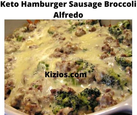 Hamburger Sausage Broccoli Alfredo, Sausage Broccoli Alfredo, Cheesy Asparagus Casserole, Healthy Hamburger Recipes, Cheesy Asparagus, Ground Sausage Recipes, Keto Hamburger, Healthy Hamburger, Sausage Broccoli