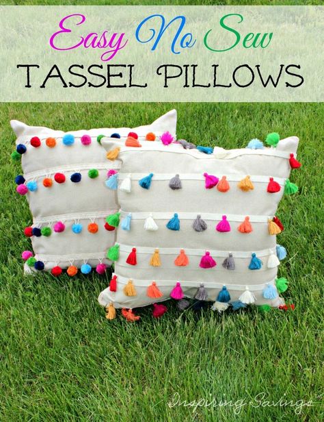 Pillows! This DIY No Sew Outdoor Tassel Pillows will add flair to your home and will not take all day to make. Here is how to make these outdoor pillows. Homemade Pillow Covers, Pillows Silver, Bohemian Texture, Pillows Purple, Diy Throws, Pillows Green, Pompon Diy, No Sew Pillow Covers, Homemade Pillows