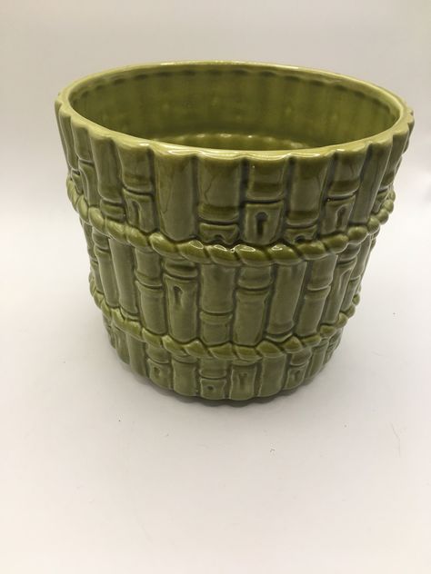 Green Plant Pot, Bamboo Planter, Relief Design, Green Pottery, Vintage Dessert, Glaze Ceramics, Mid Century Modern Decor, Cache Pot, Planter Pots Indoor