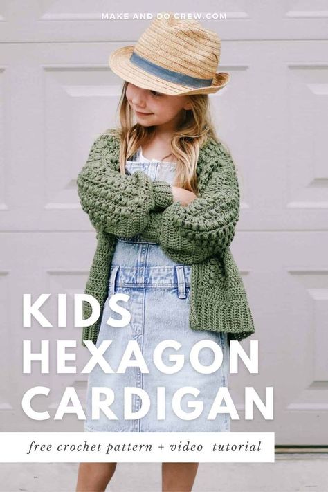 Crochet your kiddo a Mini Mezzo Cardigan from two puff stitch hexagons, and then make yourself one using the free adult pattern. Lightweight and adorable!.#CrochetSweaterLove #HandmadeKnits #CozyWinterWear #DIYFashion #YarnAddict Puff Stitch Cardigan, Bubble Cardigan Crochet Pattern, Moss Stitch Hexagon Cardigan, Block Stitch Hexagon Cardigan, Crochet Puff Flower Cardigan, Pumpkin Hat Pattern, Make And Do Crew, Kids Cardigans, Handmade Sweater