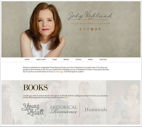 Jody Hedlund's Website. Clean design, and I like how the user can select which genre they're most interested in. #authors #webdesign #pubtip #publishing #writing Kate Naomi, Author Website Design, Work Mood, Book Website, Author Website, Author Platform, Author Branding, Squarespace Web Design, Self Branding