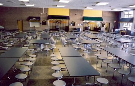 Lunch-Room (setting) School Lunch Room, High School Lunches, School Building Plans, College Lunch, School Lunchroom, Boarding School Aesthetic, American Dining Room, Dark Windows, Lunch Table