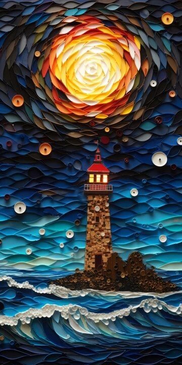 Premium Photo | Stunning Mixed Media Coastal Landscape With Lighthouse Paper Art And Quilling Techniques Paper Art Sculpture, Quilling Work, Paper Cutout Art, Quilled Paper Art, Paper Quilling Patterns, 3d Quilling, 3d Sculpture, Quilling Techniques, Quilling Paper Craft