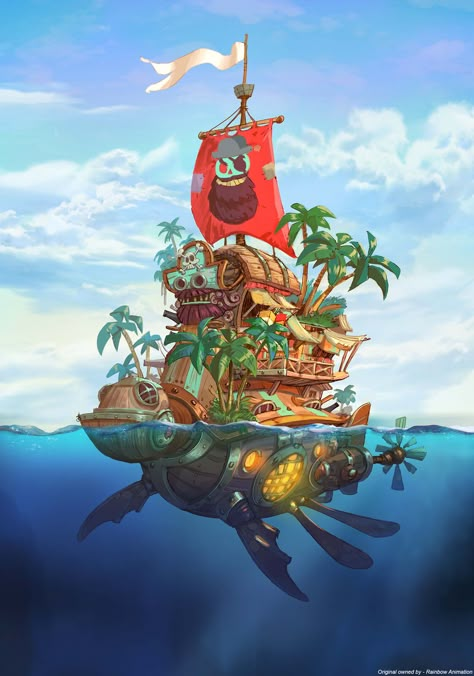 Ship House, Pirate Ship Design Concept Art, Sea Turtle Illustration, Pirate Ship Design, Pirate Island Map, Turtle Island Art, Pirate Bay Concept Art, One Piece Boat Pirate Ships, Turtle Island Fantasy Art