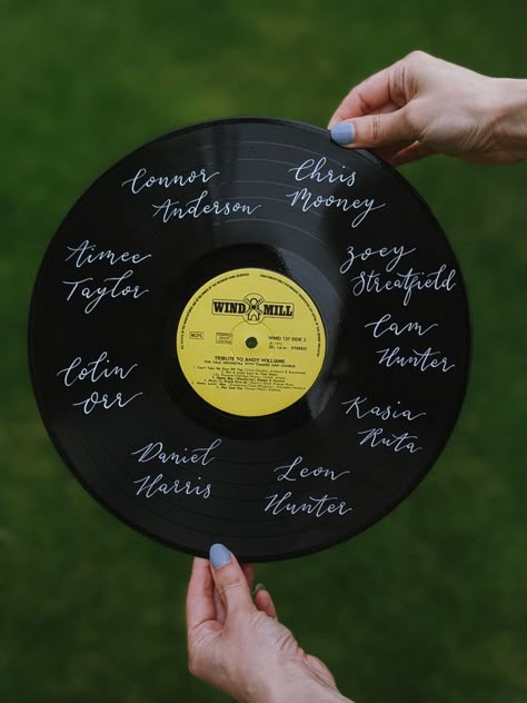 Handwritten records for wedding and event seating plans || Hello Heart String || #seatingplan #seatingchart #weddingcalligraphy #handwritten #vinyl #record #scottishwedding #weddingideas #weddinginspiration Record Seating Chart Wedding, Record Seating Chart, Hello Heart, Event Seating, Pastel Wedding Theme, Seating Plans, Jazz Club, Scottish Wedding, Ding Dong