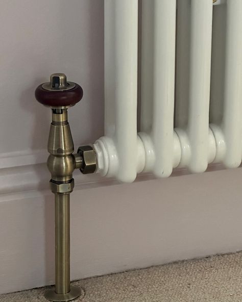 I pimped up my radiators! I would have loved to have changed all of our traditional style column radiators for cast iron, but that’s not within our renovation budget, so I upgraded my home’s style without breaking the bank! I swapped out the standard chrome radiator valves for some beautiful thermostatic brass ones. It’s a simple yet game-changing upgrade! The result is radiators that look far more expensive than they were & the brass matches perfectly with the brass accents in our home.... Antique Brass Radiator, School Radiators, Wall Radiators, Victorian Terrace Renovation, White Radiator, Cast Iron Radiator, Traditional Radiators, Renovation Budget, Cast Iron Radiators