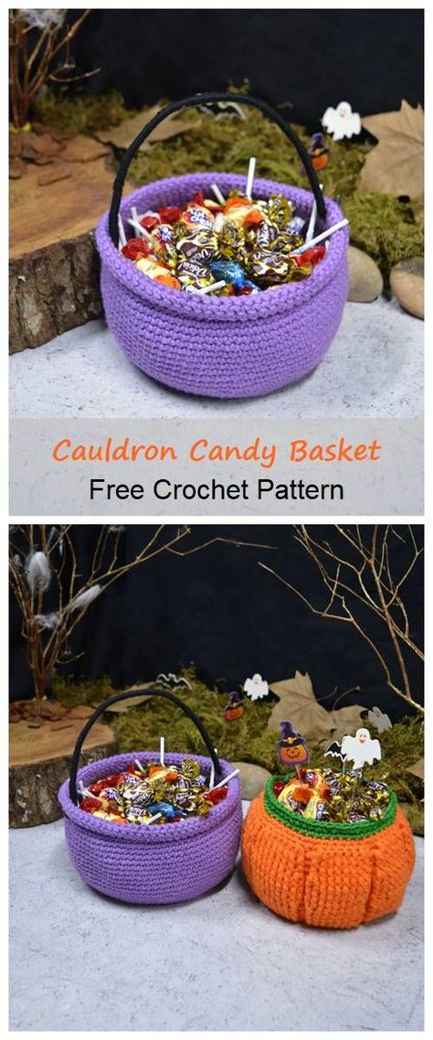 Crochet Candy Basket, Crochet Cauldron Free Pattern, Crochet Cauldron, Crochet Halloween Bucket, Crochet Halloween Basket, Crochet Witch Cauldron, Crochet Halloween Basket Pattern, Crochet Cauldron Bag, Crochet Halloween Candy Basket