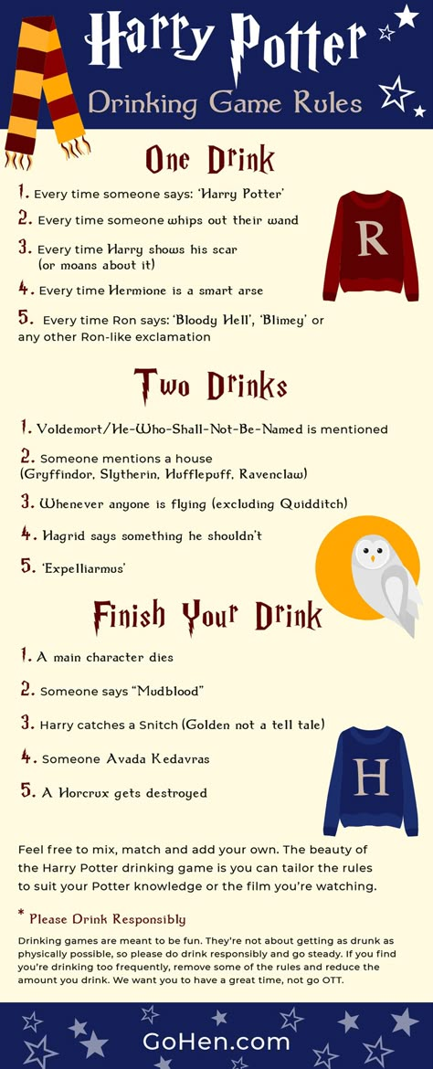 Harry Potter drinking game rules Harry Potter Drinking Game Movies, Harry Potter Drinking Games, Pirates Of The Caribbean Drinking Game, Harry Potter Party Games Adult, Harry Potter Hen Party, Harry Potter Themed Drinks, Harry Potter Alcoholic Drinks, Harry Potter Games For Adults, Harry Potter Night Ideas