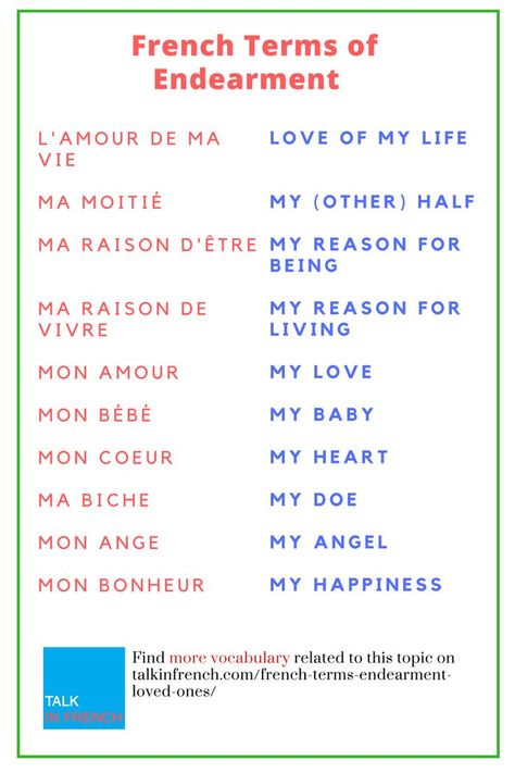 Now you can show love and affection to your dear ones with French terms of endearment  + download the list in PDF format for free! Check it out at:  https://www.talkinfrench.com/french-terms-endearment-loved-ones/ French Terms, French Words Quotes, Useful French Phrases, French Basics, French Flashcards, Basic French Words, French Language Lessons, French Grammar, Terms Of Endearment