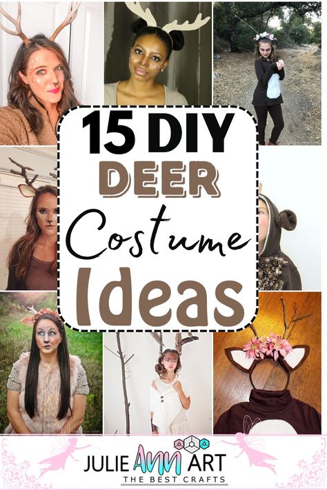 DIY Deer Costume Diy Antlers Costume, Easy Reindeer Costume, Deer Costume Ideas For Women, Easy Deer Makeup Tutorials, Woodland Deer Costume, Diy Reindeer Antlers Headband, Diy Rudolph Costume For Kids, Reindeer Dress Up Day At School, Diy Deer Costume For Kids