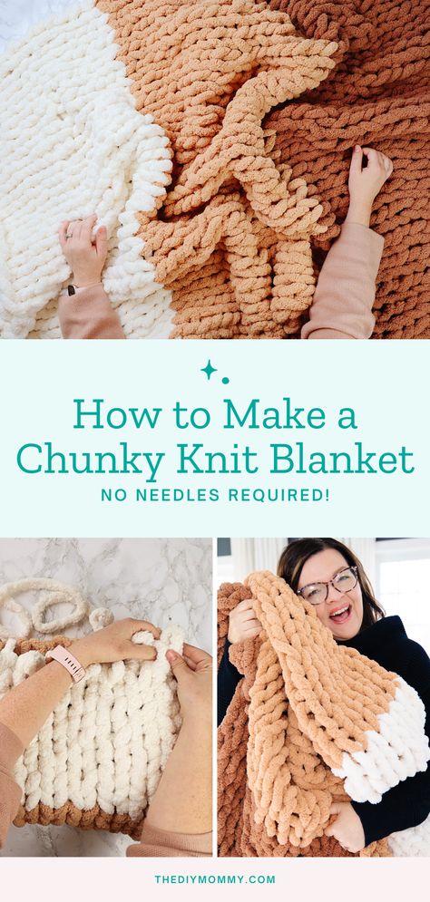 Learn how to make a gorgeous, plush knit blanket with no knitting needles required! Fat Crochet Blanket, Giant Chunky Knit Blanket Diy, Bernat Big Blanket Hand Knit, Chunky Blanket Border, Diy Fluffy Blanket, Large Knit Blanket Diy Chunky Crochet, How To Make An Afghan, Yarn Bee Chunky Blanket Pattern, Knit Chunky Blanket Pattern