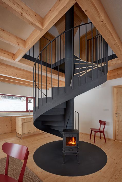 ADR's bučina cottage brings modern design to czech mountains Metal Frame House, Cabin Stairs, Woodburning Stove, Spiral Stair, Cabin Remodel, Pool House Designs, Light Hardwood, Ski Cabin, Light Hardwood Floors