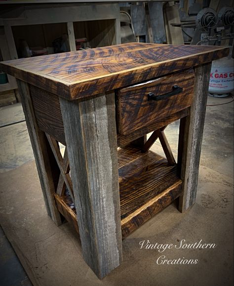 Rustic Bed Side Tables Night Stands, Southern Bungalow, Mesquite Furniture, Living Room Built In Cabinets, Wooden Bed Side Table, Diy Entry Table, Rustic Furniture Design, Barn House Interior, Rustic Farmhouse Furniture