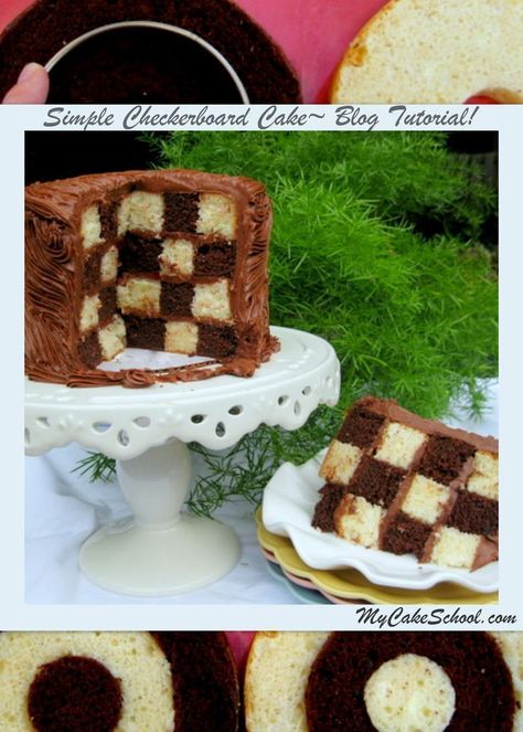 Learn to make a Checkerboard Cake! No special pans required! Free tutorial by MyCakeSchool.com. Online Cake Decorating Tutorials, Videos, & Recipes! Checkered Cake, Italian Cream Cake Recipe, Sour Cream Chocolate Cake, Cake Design Tutorial, Torte Creative, Checkerboard Cake, Learn Cake Decorating, Cake Design Inspiration, Italian Cream Cakes