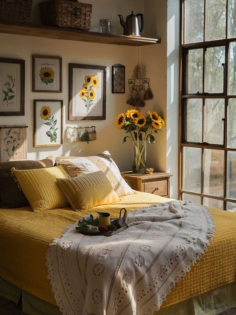 Goldenrod Bedroom, Sunny Bedroom, Sunflower Bedroom, Yellow Bedspread, Sunflower Room, Childhood Bedroom, Sunflower Home Decor, Cozy Bedrooms, Summer Bedroom