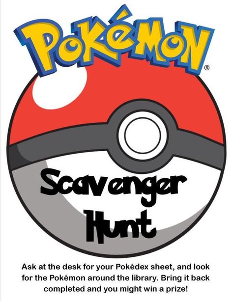 Pokemon Scavenger Hunt in the library! (scheduled via http://www.tailwindapp.com?utm_source=pinterest&utm_medium=twpin&utm_content=post91247033&utm_campaign=scheduler_attribution) Pokemon Scavenger Hunt, Pokémon Party, Library Programming, Library Games, Teen Library, Halloween Scavenger Hunt, Pokemon Craft, Pokemon Birthday Party, Elementary Library