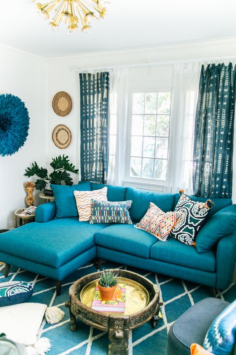 Our new Family Room! Before & After with Jonathan Louis | Jungalow by Justina Blakeney Teal Living Room Accessories, Teal Couch Living Room, Teal Sofa Living Room, Teal Living Room Decor, Turquoise Living Room Decor, Turquoise Room, Living Room Turquoise, Teal Living Rooms, Furnitur Ruang Keluarga