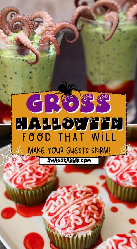 Looking for some inspiration for your next gross party food idea? Look no further! In this video, we share some of the best (and grossest) party food ideas that are sure to get your guests talking. From realistic brain cakes to Q-tips, we've got you covered! Graveyard Themed Food, Spooky Halloween Foods For Party, Halloween Party Food Scary, Gory Halloween Party Food Ideas, Unique Halloween Food Ideas, Scary Halloween Finger Foods, Halloween Food Scary Gross, Gory Halloween Food Ideas, Slasher Party Food