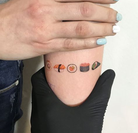 🍣 For the love of sushi 🍣 by by Adamexiste Tattoos - Hernan Giamberardino Sushi Tattoos, Sushi Tattoo, Tatuagem Masculina Pequena, Food Tattoos, Party Tattoos, Fire Tattoo, Modern Tattoos, Matching Tattoo, Dainty Tattoos