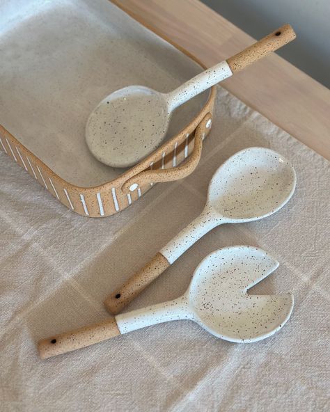 Pairing the handmade ceramic serving spoons with the speckled baking dish ✨All are available in my Etsy shop! #handmadeceramics #potterylove #claycraft #ceramicdesign Ceramic Serving Dish, Ceramic Serving Dishes, Clay Hands, Clay Inspo, Pottery Projects, Ceramic Baking Dish, Pottery Handbuilding, Slab Pottery, Ceramics Ideas