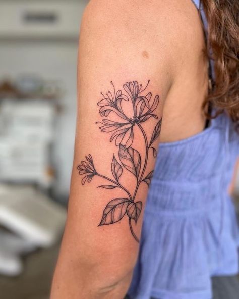 Honeysuckle Tattoo Design, Rose And Honeysuckle Tattoo, Sleeve Tattoo Black Women, Female Sleeve Tattoo Black Women, Honeysuckle Tattoo, Skin Doodles, Arm Wrap Tattoo, Men Flower Tattoo, Female Sleeve Tattoo